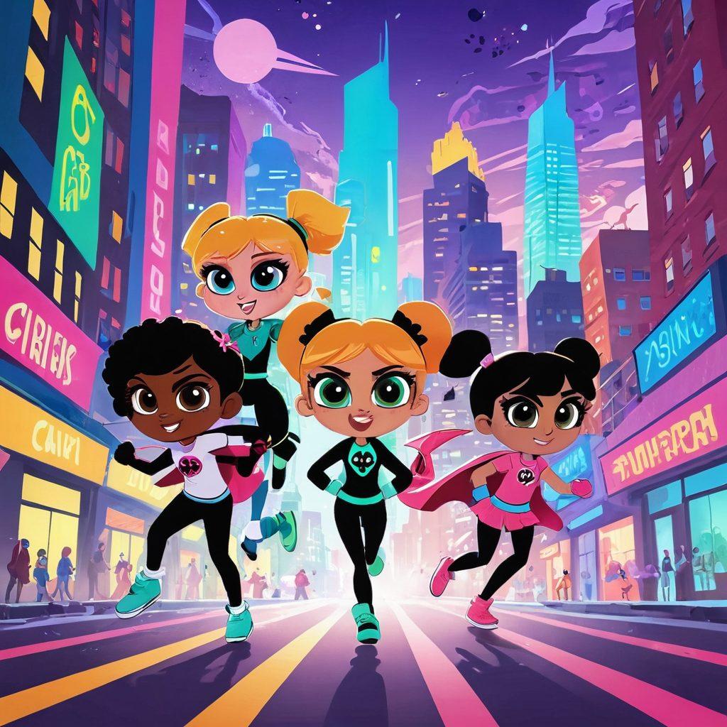 A dynamic scene featuring three vibrant, superhero-like characters inspired by the Powerpuff Girls, each representing girl power and friendship, surrounded by a burst of colorful energy and whimsical cityscape in the background. Their diverse expressions reflect joy and camaraderie, radiant in animated action poses. Bright, playful colors dominate the composition, enhancing the lively atmosphere. cartoon art style. vibrant colors. energy bursts.