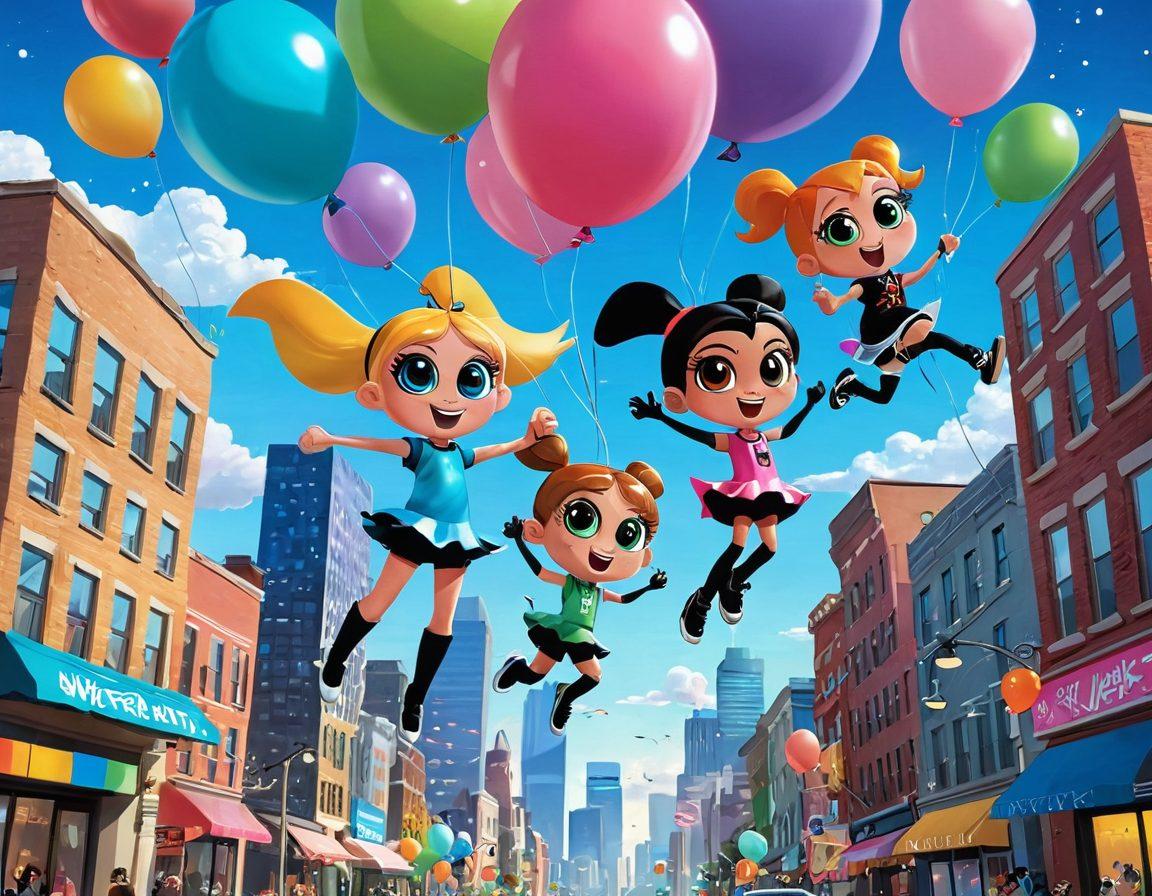 A vibrant scene featuring the Powerpuff Girls in action, soaring through a colorful cityscape filled with cheerful, whimsical elements like floating balloons and sparkles. Each girl should embody her unique personality while engaging with joyful friends of diverse backgrounds, showcasing a sense of adventure and friendship. The background should be bright and full of life, capturing the essence of fun and inspiration. cartoon style. vibrant colors. dynamic composition.