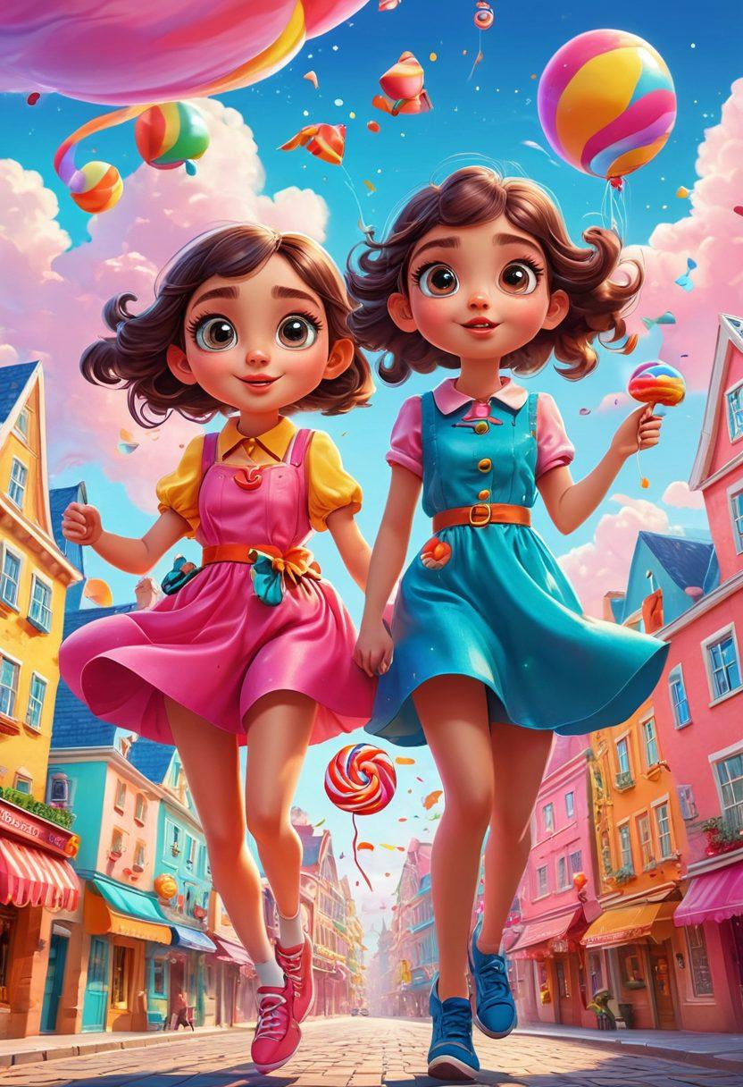 A colorful scene depicting three strong, animated girls with oversized eyes and vibrant costumes, joyfully flying above a whimsical cityscape filled with candy-colored buildings and cheerful characters. Include playful clouds and sparkles to enhance the sense of adventure and friendship. Capture the essence of fun and camaraderie in a cartoon style. vector art. bright colors. dynamic composition.